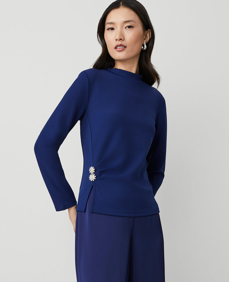 Jewel Button Waist Mock Neck Top