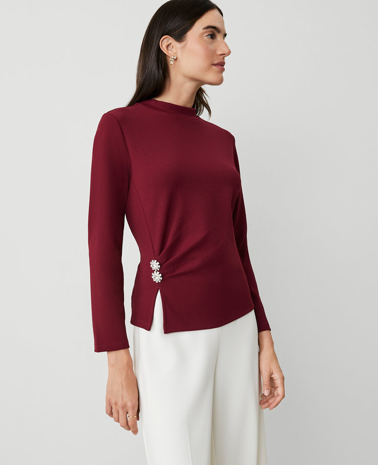 Jewel Button Waist Mock Neck Top