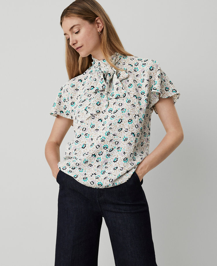 Floral Mock Neck Bow Blouse