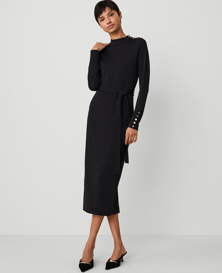 Petite Mock Neck Belted Column Knit Midi Dress