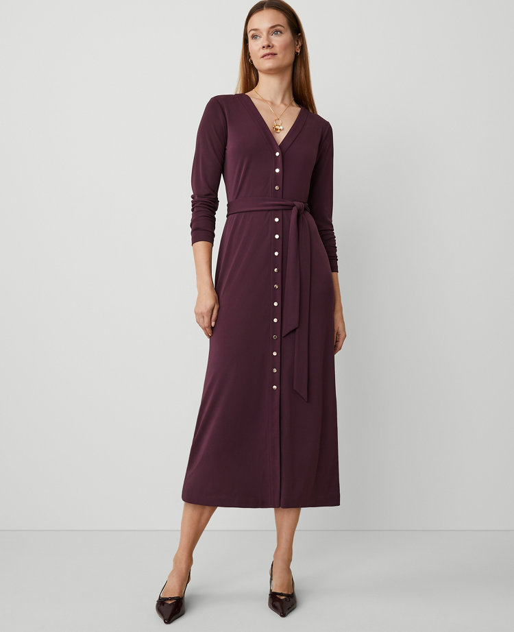 Button V-Neck Flare Knit Midi Dress