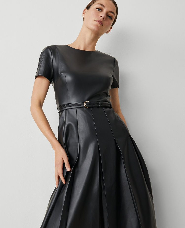 Faux Leather Pleated Midi Dress