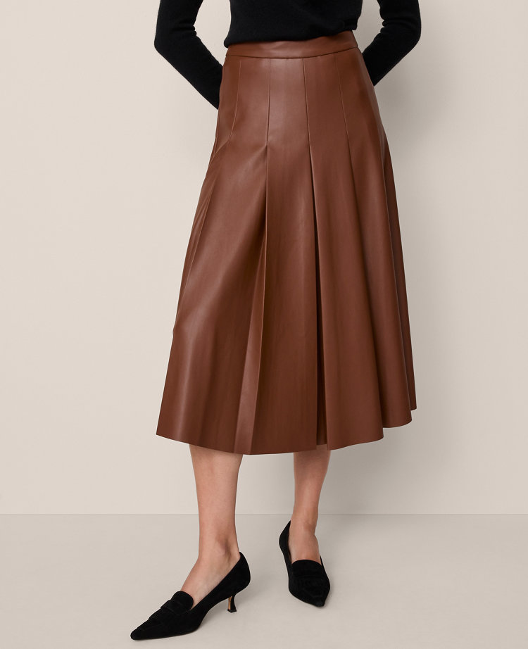 Ann Taylor Faux Leather Pleated Midi Skirt In Brown