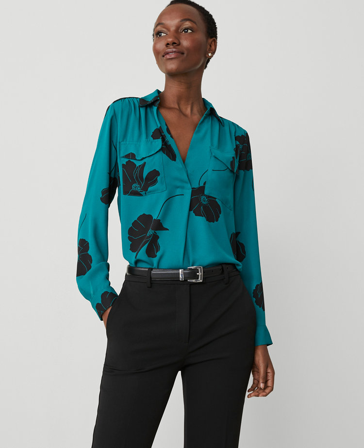 Ann Taylor Floral Camp Shirt Green Marais Women's