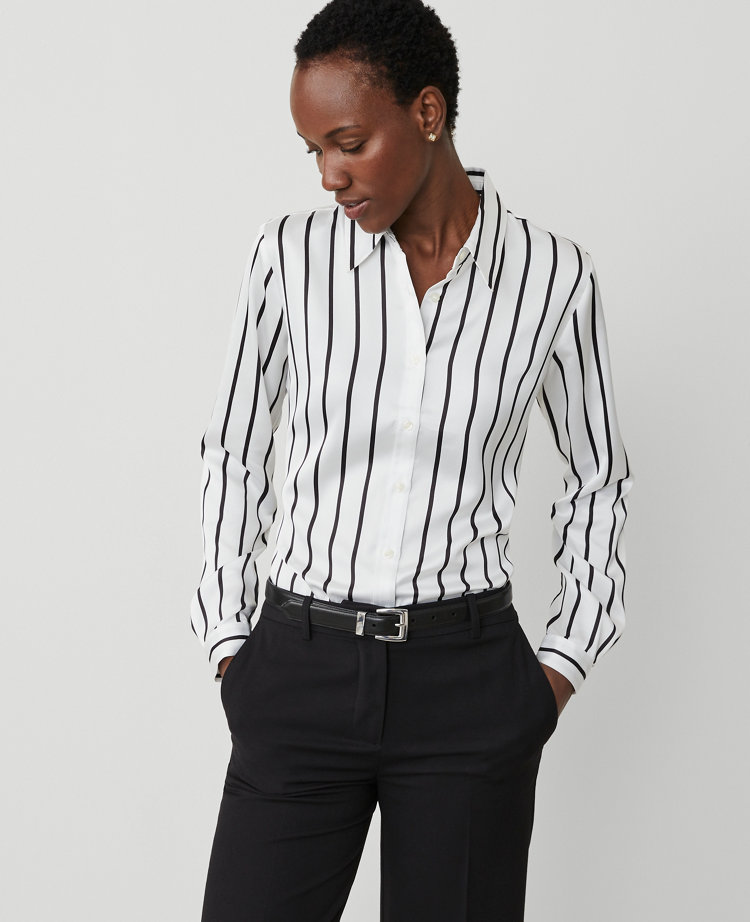 Ann Taylor Stripe Fitted Button Shirt Winter White-Black Women's