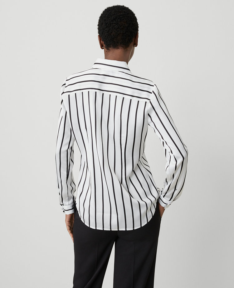 Ann Taylor Stripe Fitted Button Shirt Winter White-Black Women's