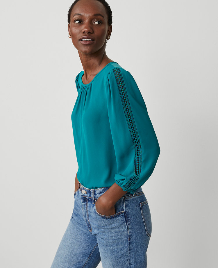 Lace Mixed Media Mock Neck Blouse