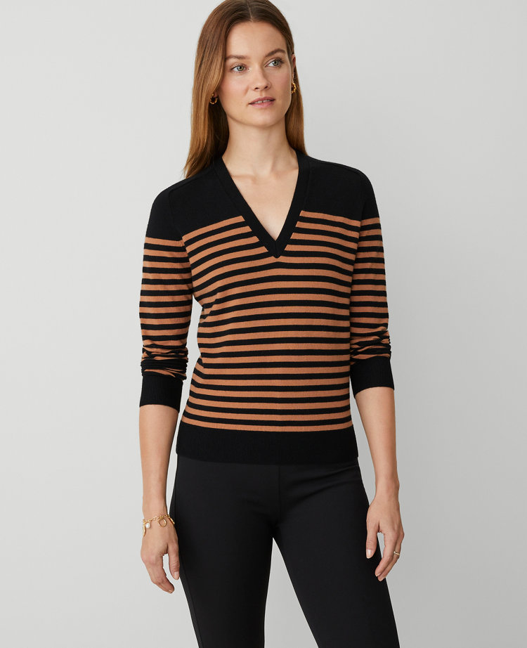 Ann Taylor Stripe V-Neck Sweater
