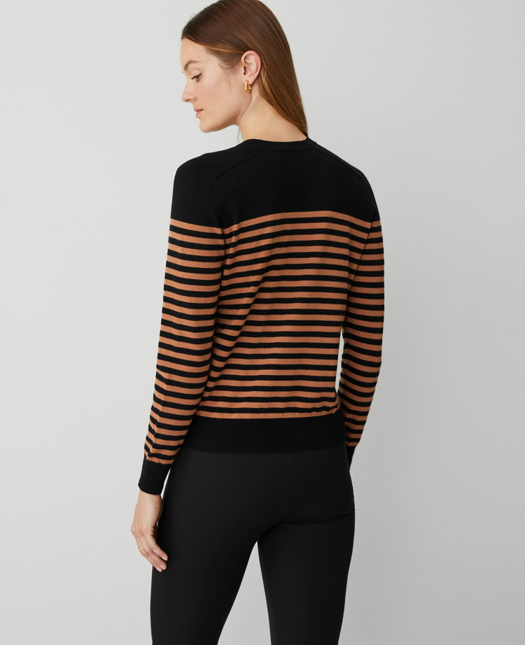 Ann Taylor Stripe V-Neck Sweater Black/Sahara Combo Women's