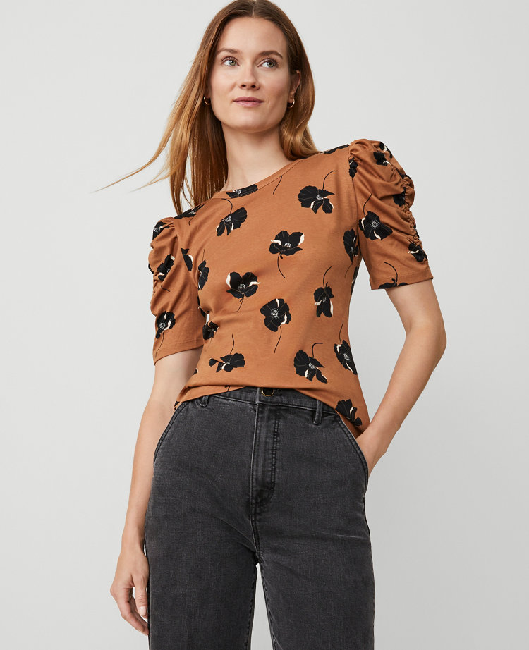 Ann Taylor Floral Shirred Elbow Sleeve Top