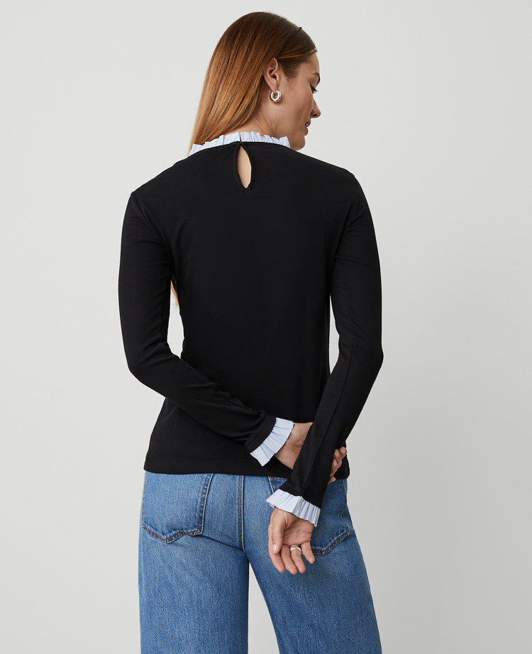 Ann Taylor Ruffle Long Sleeve Top Black Women's