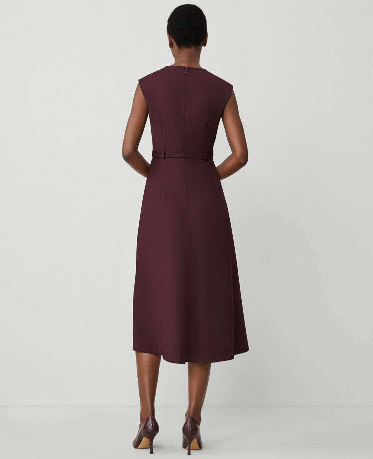 Belted Pleated Dress in Wool Blend Stretch