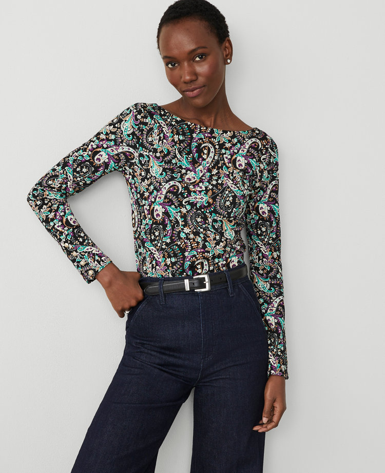 Ann Taylor Paisley Button Cuff Boatneck Top Black Women's