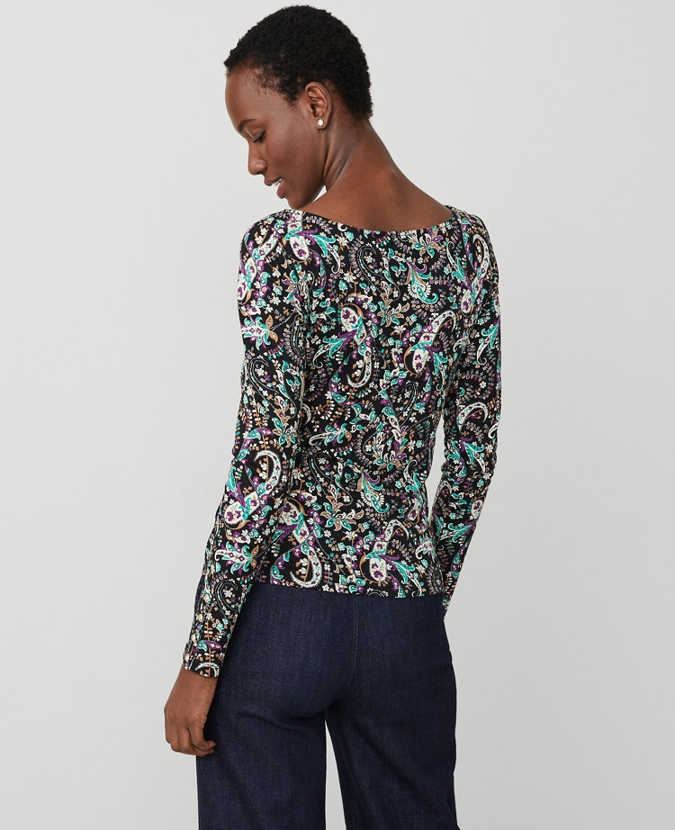 Ann Taylor Paisley Button Cuff Boatneck Top Black Women's