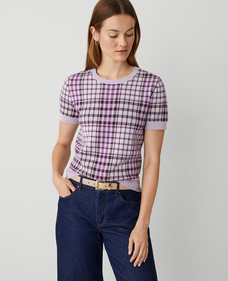 Ann Taylor Plaid Jacquard Sweater T-Shirt Sunset Lavender Women's