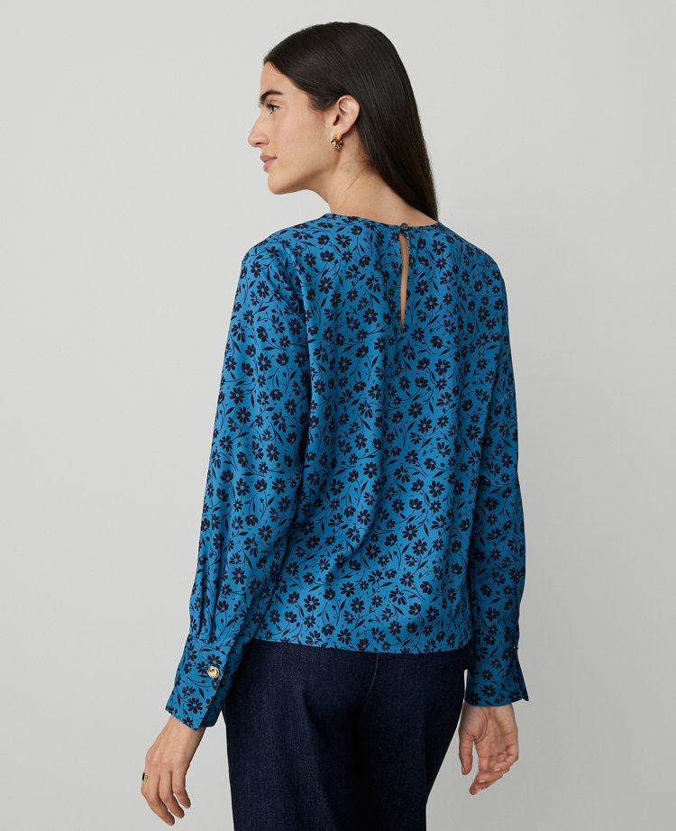 Floral Satin Wide-Cuff Blouse