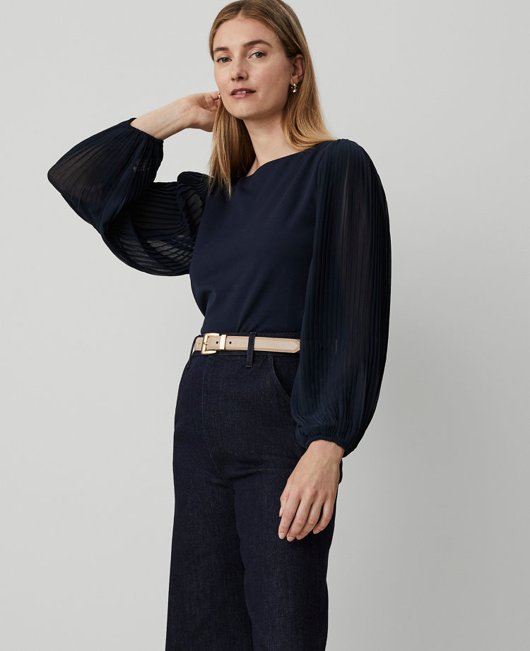 Mixed Media Pleated Sleeve Top