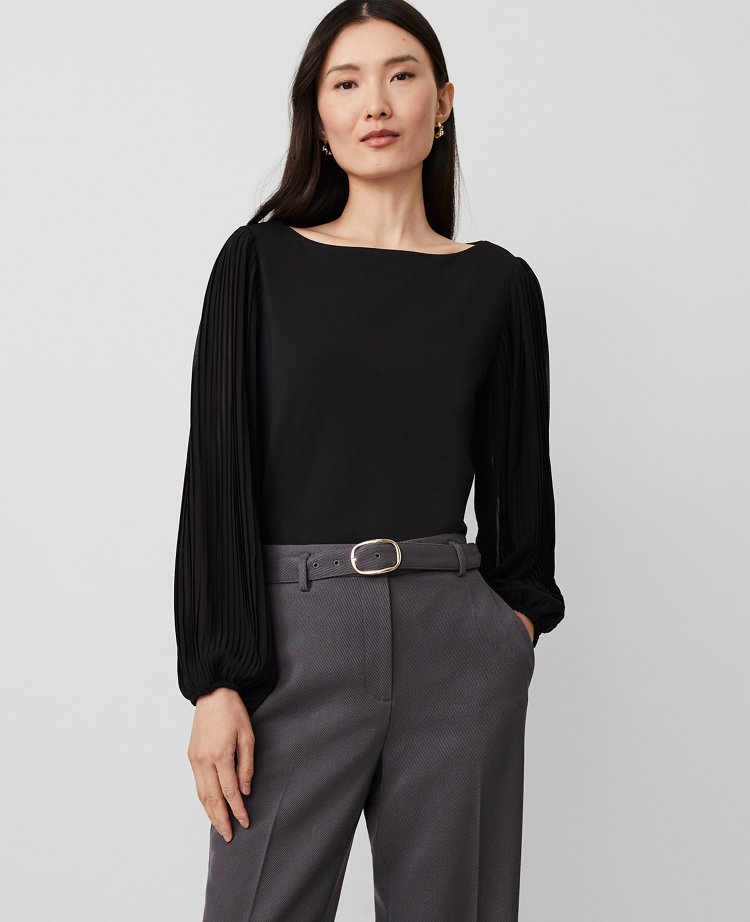 Mixed Media Pleated Sleeve Top