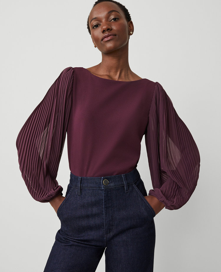 Ann Taylor Mixed Media Pleated Sleeve Top Women's