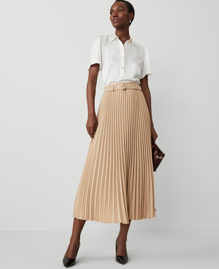 Ann Taylor Petite Belted Pleated Midi Skirt Size 8 Baguette Women s