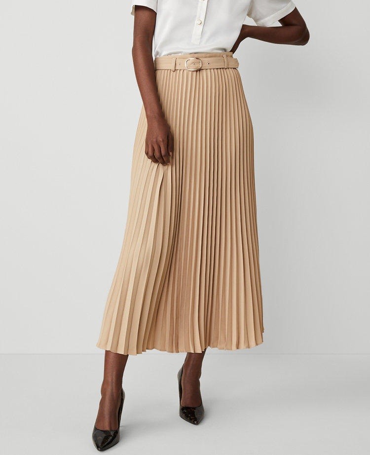 Ann Taylor Petite Belted Pleated Midi Skirt Baguette Women's