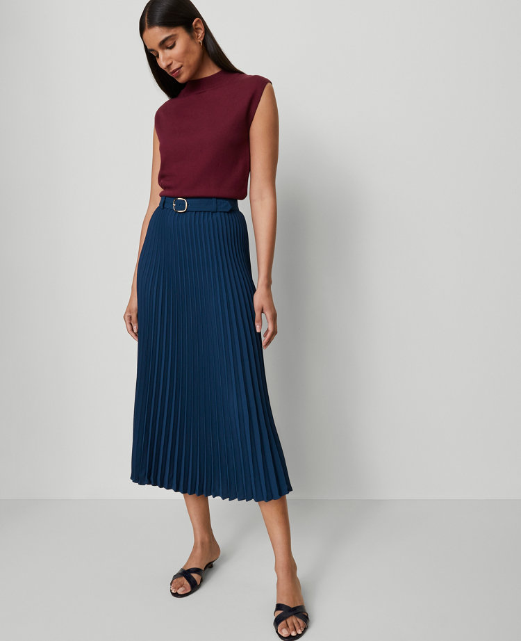 Petite Belted Pleated Midi Skirt