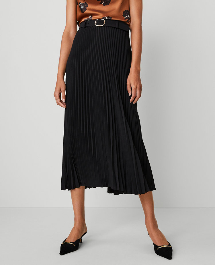 Petite Belted Pleated Midi Skirt