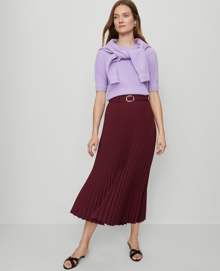 Petite Belted Pleated Midi Skirt
