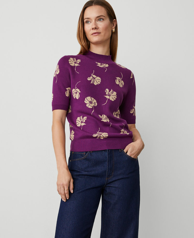 Ann Taylor Floral Jacquard Mock Neck Sweater T-Shirt Pulsar Purple Women's