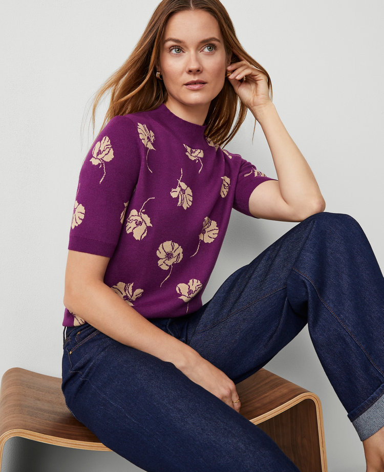 Floral Jacquard Mock Neck Sweater Tee