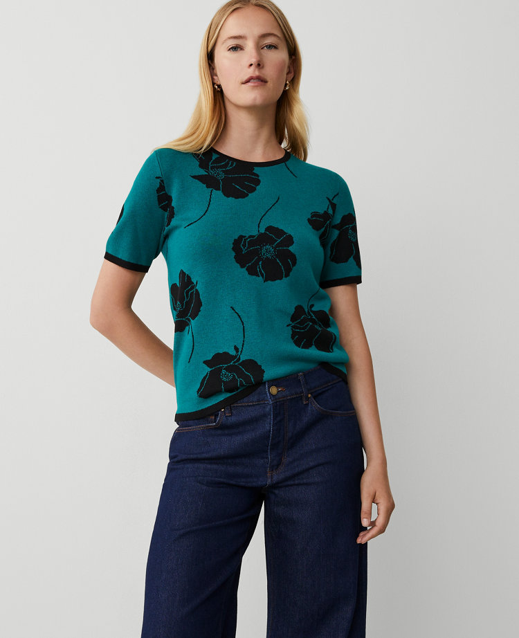 Ann Taylor Floral Jacquard Sweater T-Shirt Green Marais Women's