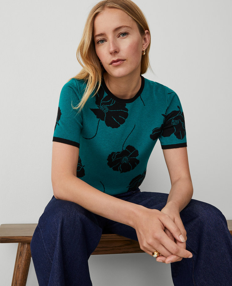 Ann Taylor Floral Jacquard Sweater T-Shirt Green Marais Women's