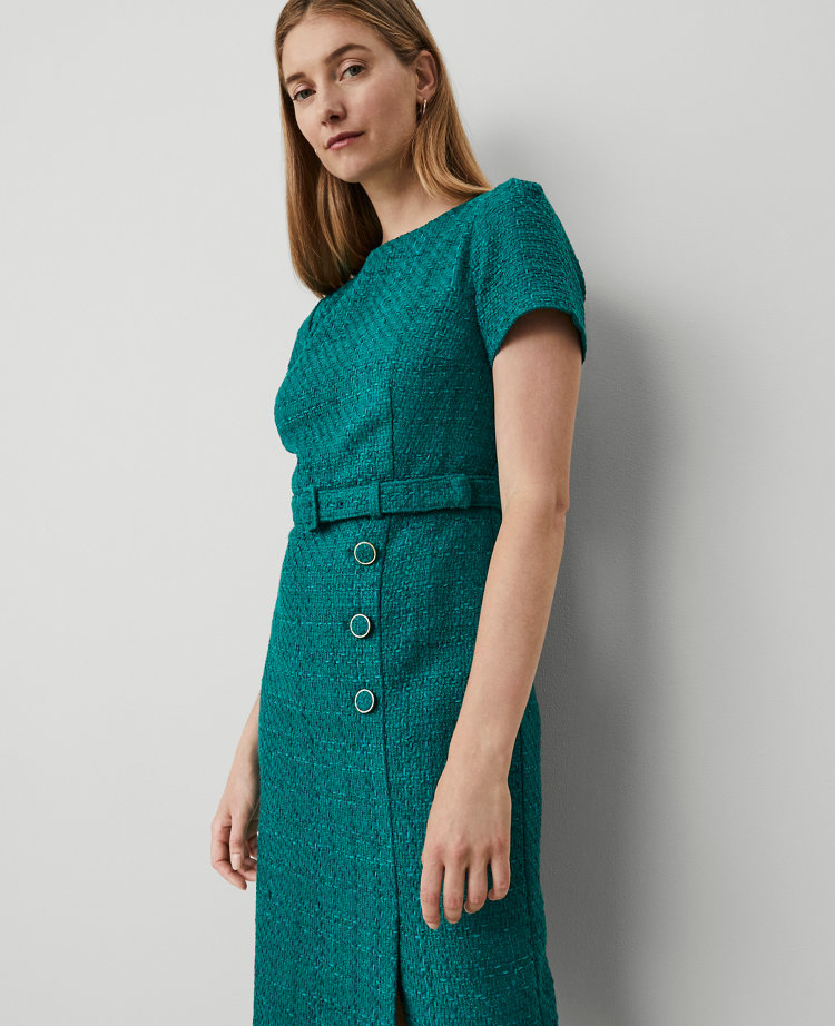 Tweed Belted Button Midi Sheath Dress