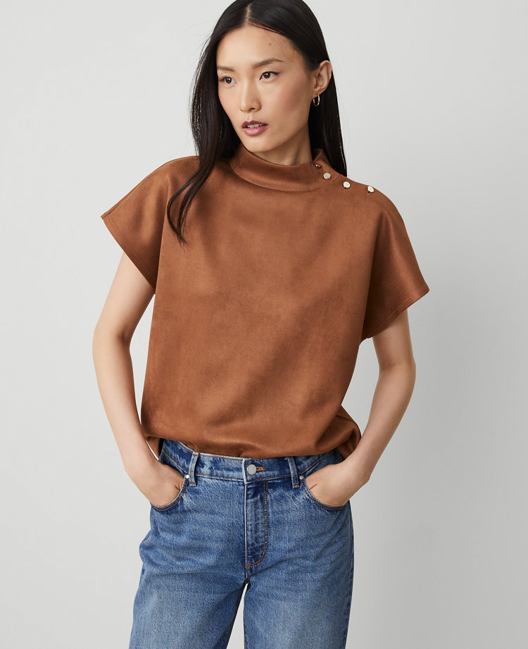 Faux Suede Shoulder Button Mock Neck Top