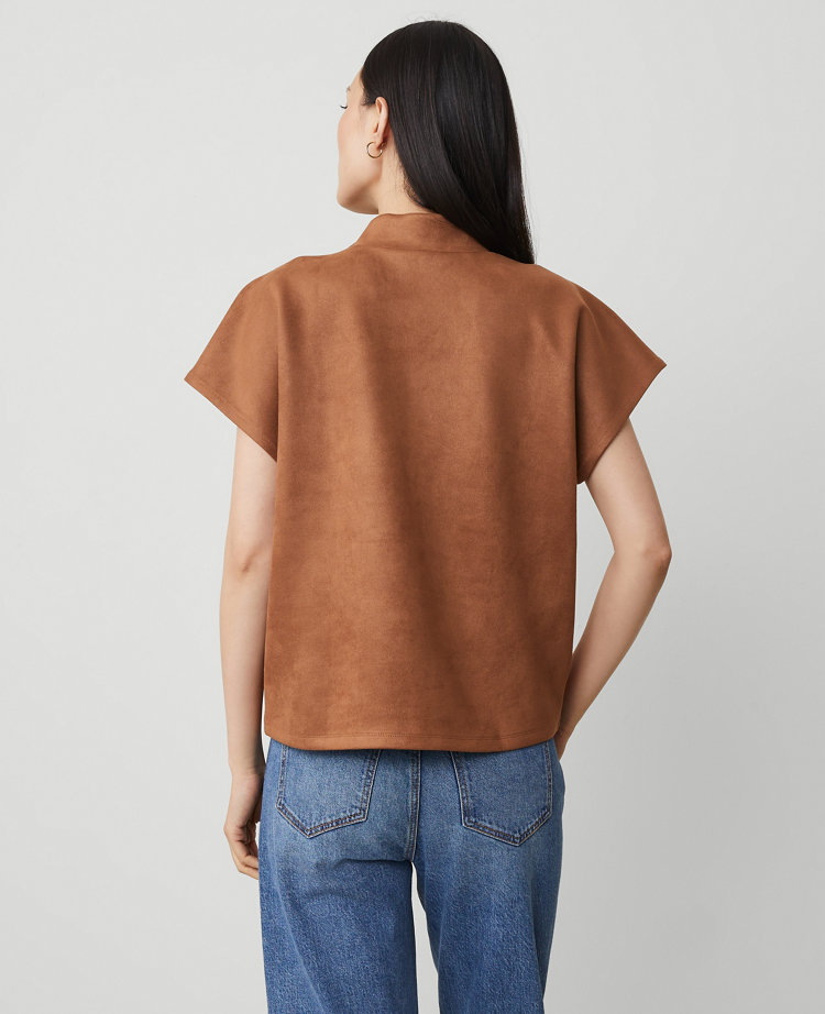 Faux Suede Shoulder Button Mock Neck Top