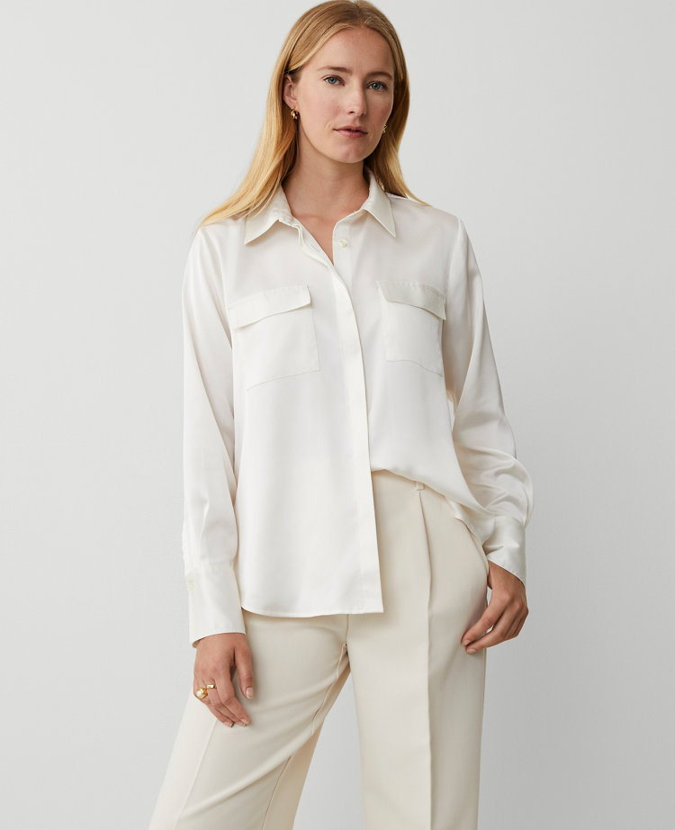 Ann Taylor Pocket Button Shirt Winter White Women's