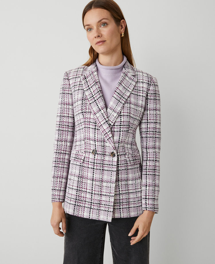 Ann Taylor The Tailored Double Breasted Blazer Tweed Plaid Sunset Lavender Women's