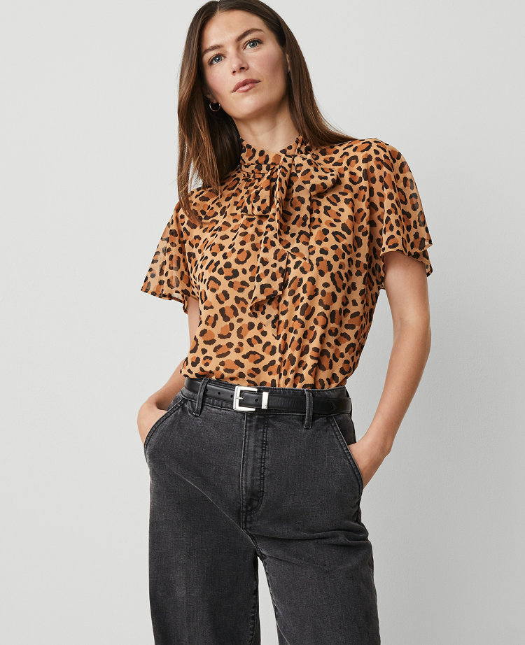 Animal Print Mock Tie Neck Blouse - Tan
