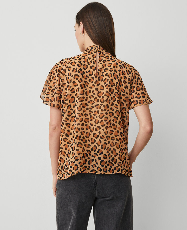 Animal Print Mock Tie Neck Blouse - Tan