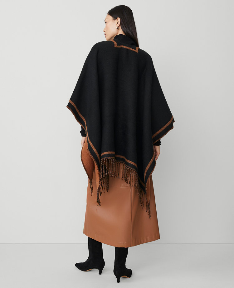 Striped Border Fringe Poncho