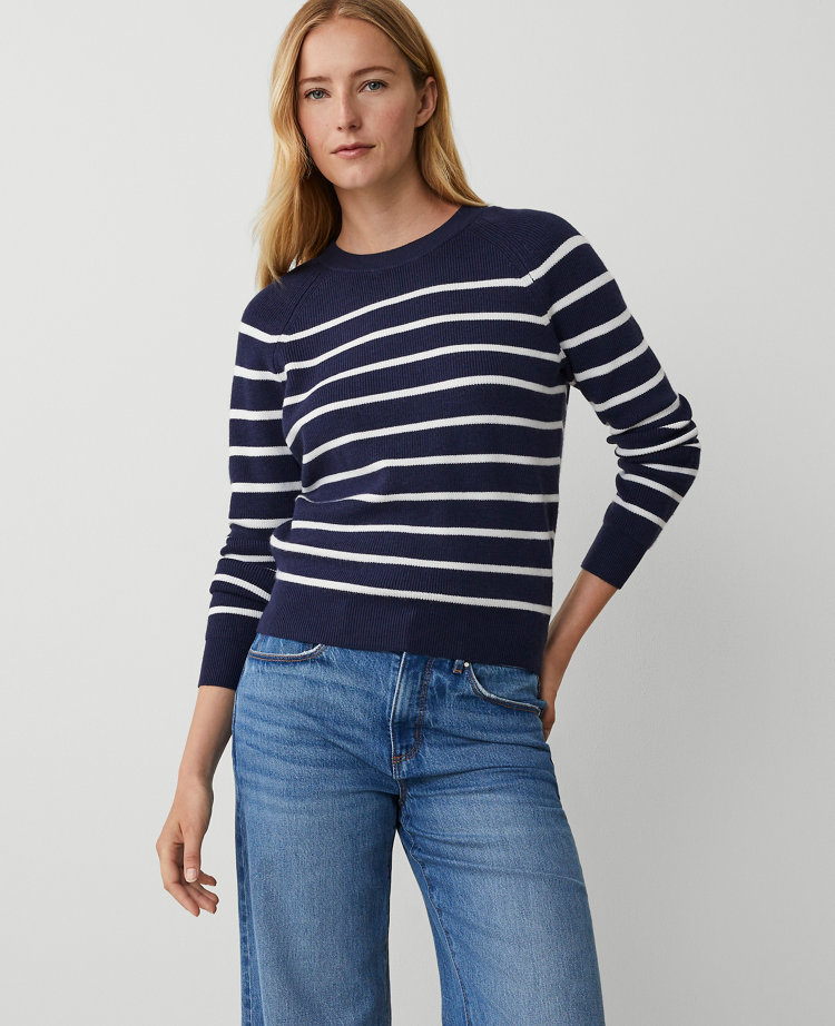 Ann Taylor Stripe Wedge Ribbed Sweater Navy/White Women's