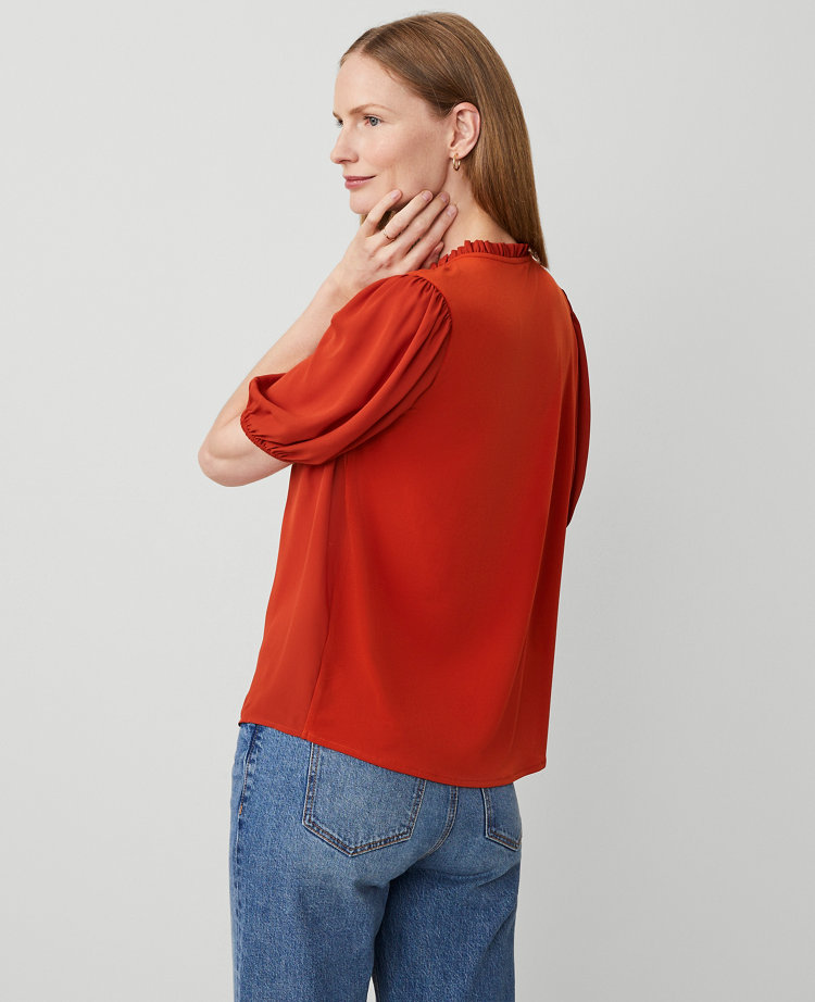 Petite Mixed Media Ruffle Neck Top