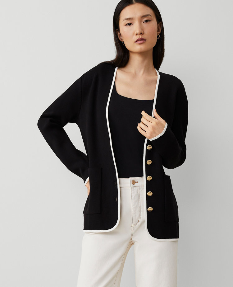 Ann Taylor Petite Tipped V-Neck Sweater Blazer Black/White Multi Women's