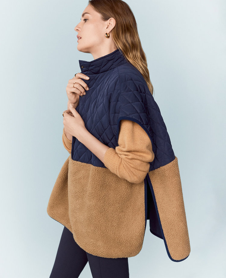 Quilted Sherpa Button Front Poncho