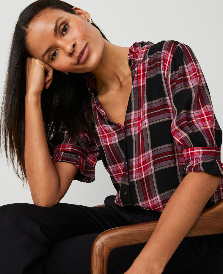 Plaid Ruffle Button Top