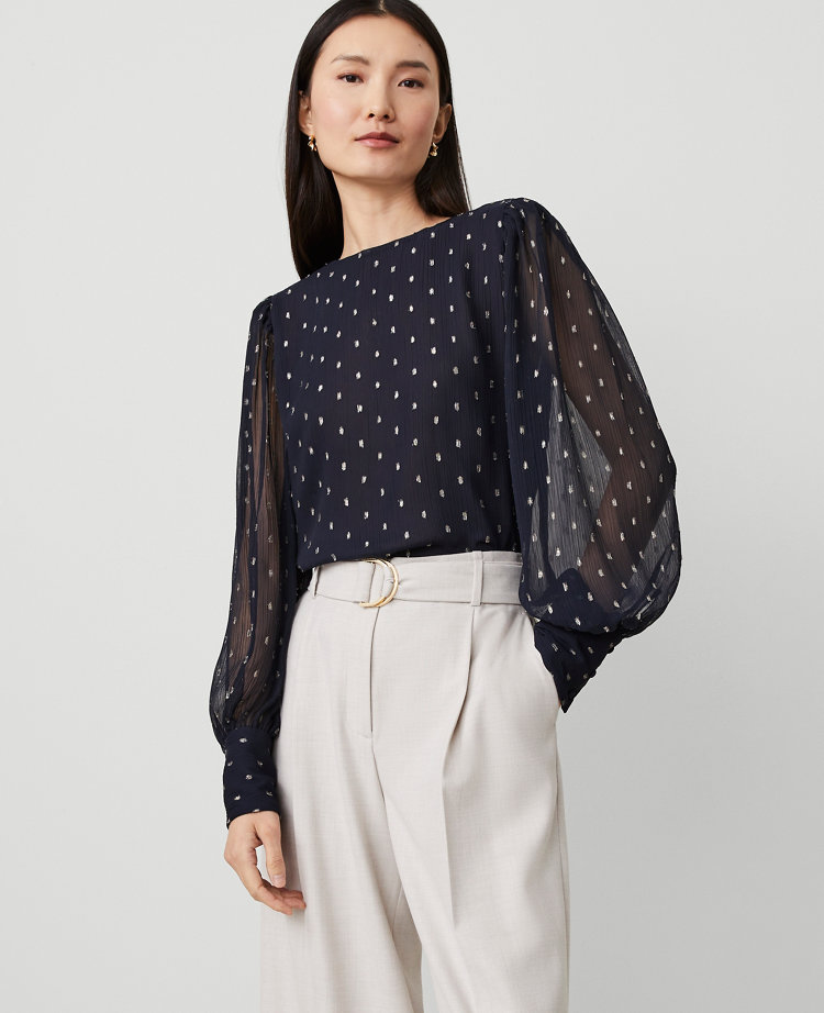 Petite Metallic Clip Puff Sleeve Blouse