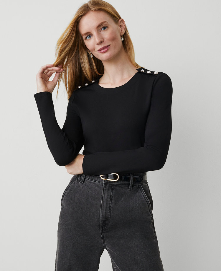 Petite Button-Shoulder Ponte Top