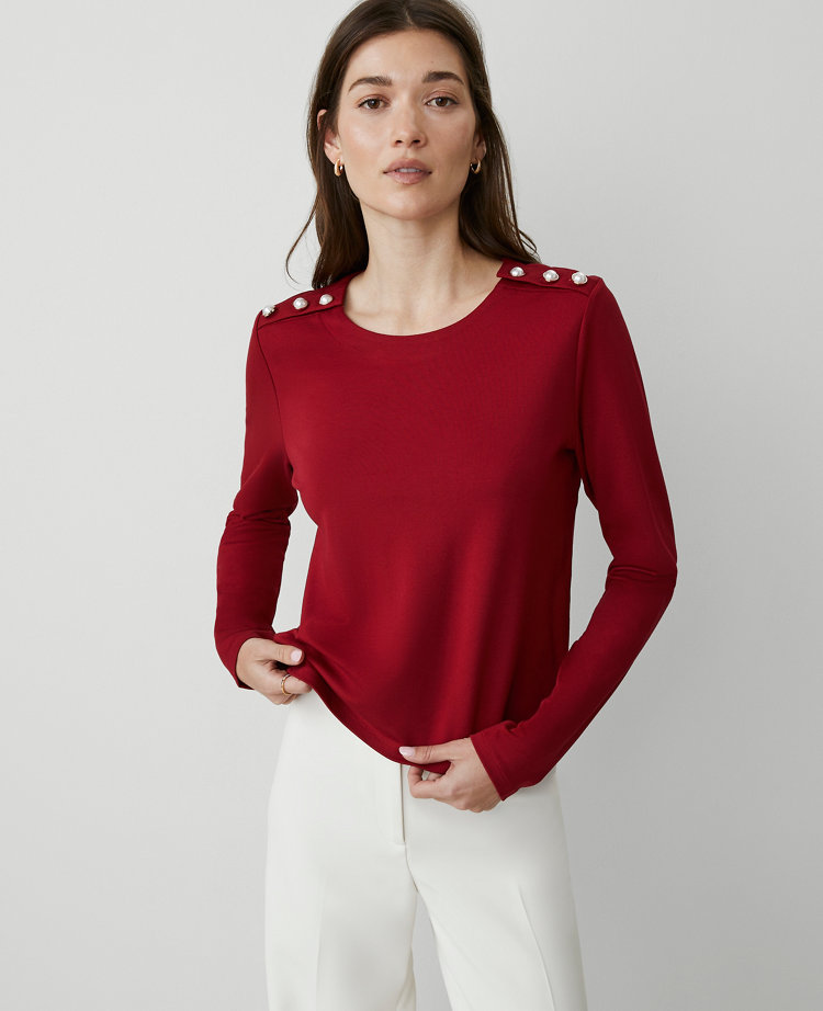 Petite Button-Shoulder Ponte Top