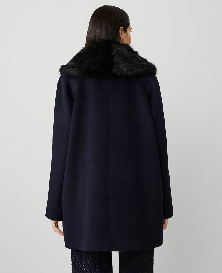 Petite Faux Fur Collar Double Breasted Swing Coat