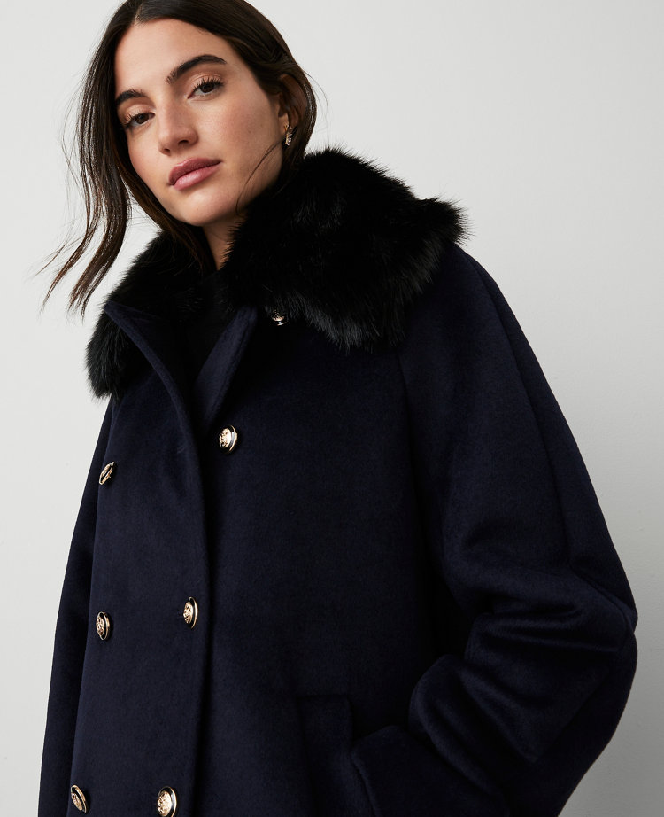 Petite Faux Fur Collar Double Breasted Swing Coat